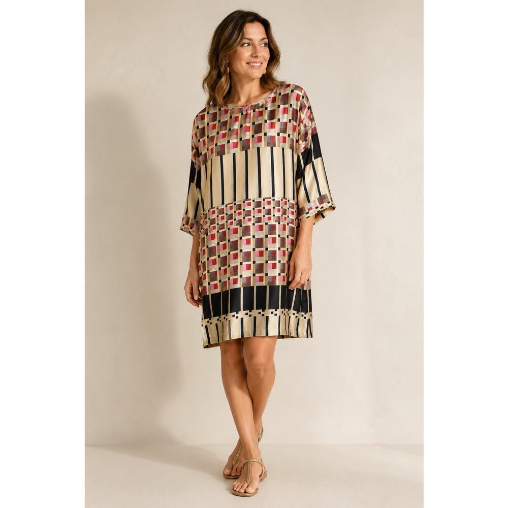 Vilagallo Silk Geometric Shift Dress Beige Abstract Boho Tunic Size 46